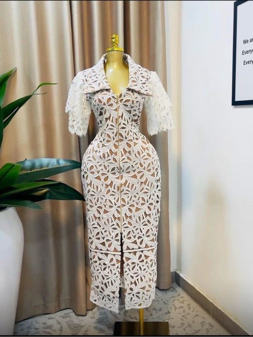 Lace Midi Dress with Floral Cutwork - Cream